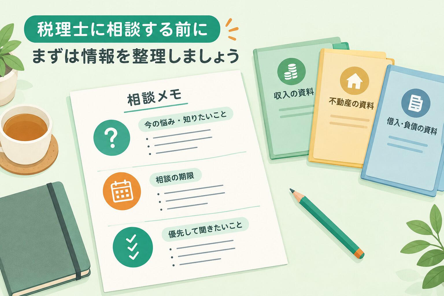 困っていること・期限・優先する質問を1枚にまとめ、相談資料を分類する準備のイメージ