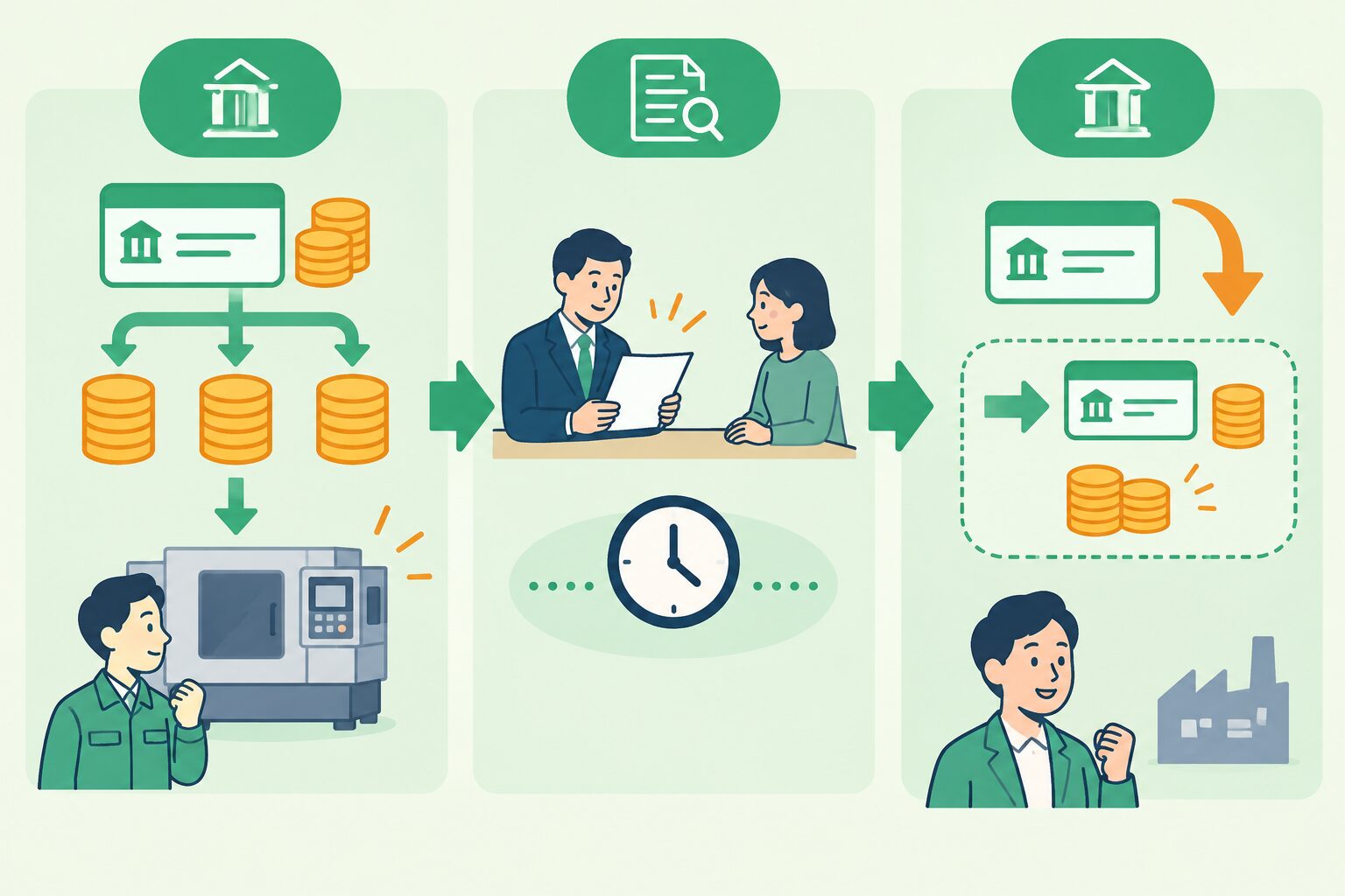 設備代金を先に全額支払い、実績報告などを経て代金の一部に相当する補助金が後から入金される資金の流れ